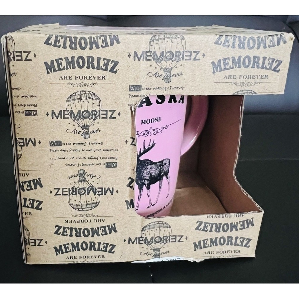 Memoriez Are Forever ALASKA Moose & Alaska Facts Pink Ceramic Coffee Cup Mug